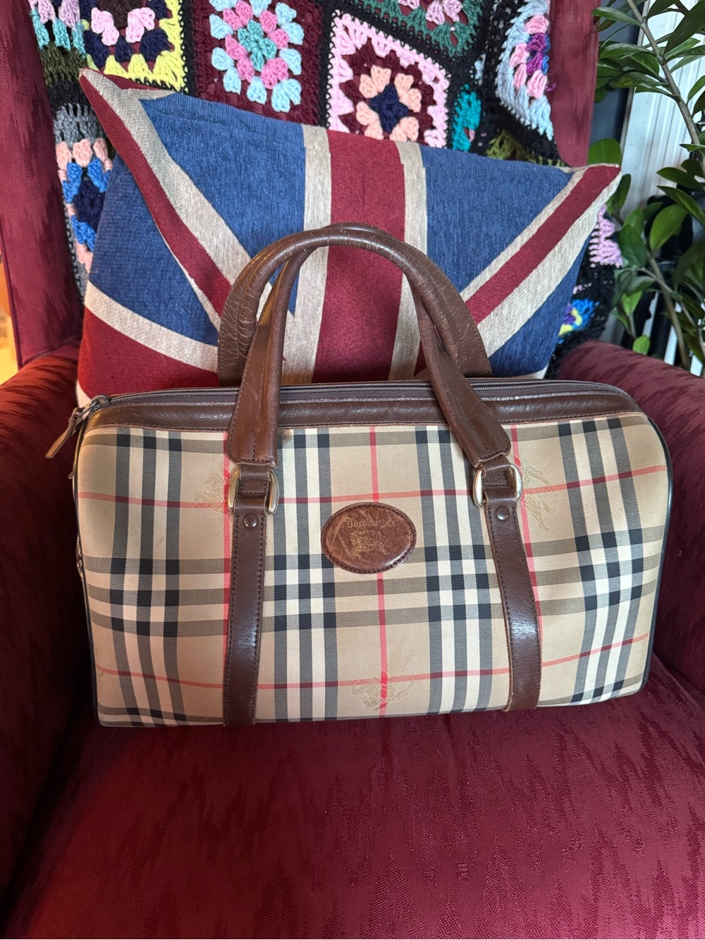 Burberrys Boston Bag 🔥 Beige Nova Check Plaid Canvas with Brown Leather Trim